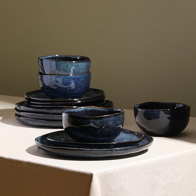 Stone + Lain Mirella 12-Piece Stoneware Dinnerware Set, Service for 4, Reactive Glaze, Deep Blue – Includes Dinner Plates, Salad Plates, and Bowls – Modern Artisanal Design