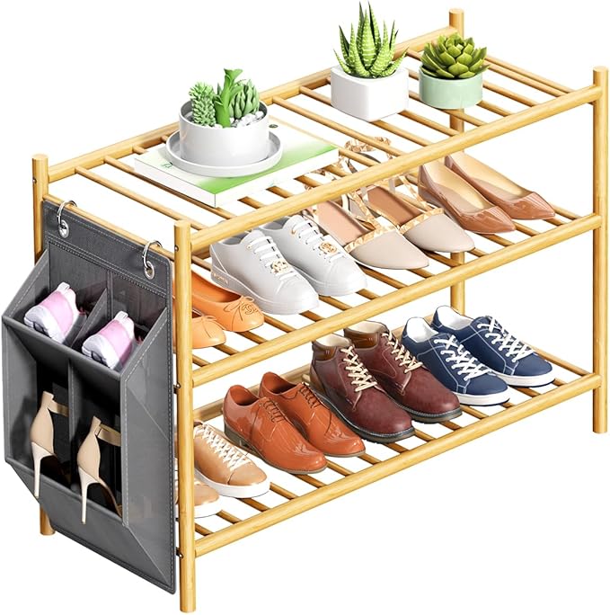 Bamboo Shoe Rack for Closet Small Wooden Shoe Organizer with Pouch, Sturdy Wood Shoe Shelf for Front Door Entrance Entryway and Outdoor, 26 inch Wide (Natural, 3-Tier)