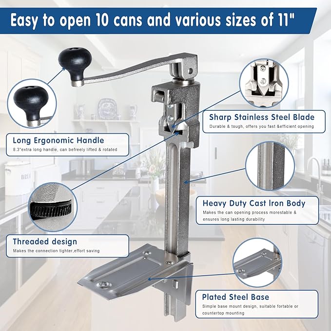 Commercial Can Opener Heavy Duty for 11100, 19”/48cm Heavy Duty Table Mount Manual Can Opener for Cans Up to 13” Tall, Plated Steel Base Stainless Steel Blade Can Opener