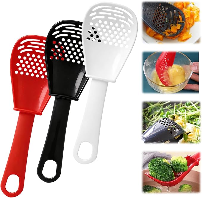 Multifunctional Kitchen Cooking Spoon, Upgraded Heat Resistant Kitchen Utensils Slotted Spoon, Food Grade Cooking Utensils for Cooking, Draining, Mashing, Grating, Separating (Black + Red + White)