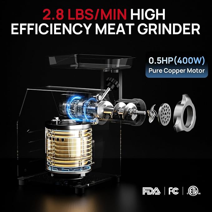 Commercial Electric Meat Grinder #8, 0.5HP Heavy Duty Industrial Stainless Steel Meat Mincer, Sausage Stuffer with 2 Blades, 2 Plates & 3 Sausage Tubes, Meat Grinder Machine for Kitchen,Restaurant