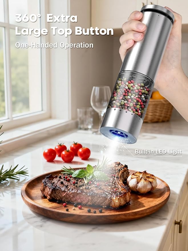 Electric Salt and Pepper Grinder Set with Charging Base: Rechargeable Automatic Salt and Pepper Grinder Set with External Adjustable Coarseness, Stainless Steel Electric Salt and Pepper Shakers,Sliver