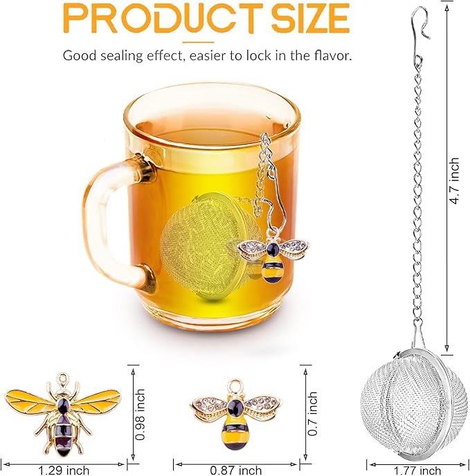 Handmade Tea Ball Infusers - 2pcs, Honey Bee Strainers with Bee Charm Pendant for Loose Leaf Tea