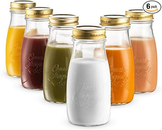 Bormioli Rocco Quattro Stagioni Bottles (Set of 6) - 13.5 Oz. Clear Glass with Twist Lids for Food Preserving, Beverage Serving, Homemade Gifts, Sauces & Infused Drinks - Airtight, Made in Italy
