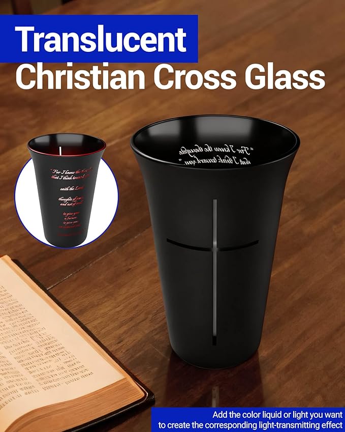 2PCS Black Frosted Drinking Glass Cups with Cross & Bible Verse, Inspirational Religious Gifts for Christians, Catholic Women & Men, Pastor Appreciation, Baptism & Confirmation Gifts for Boys & Girls