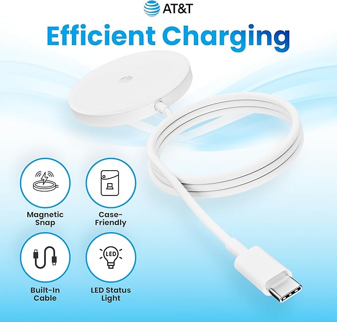 AT&T Qi2 Magnetic Charging Pad – Compact MagSafe Compatible Wireless Charger for iPhone 16/15/14 & Apple Watch – Built-in 4ft USB-C Cable – Nightstand & Travel Ready – White