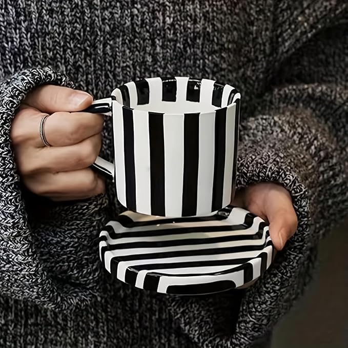 Tea Cup and Saucer, Ceramic 8 oz coffee mug, Dishwasher Safe and Microwave Safe, Black and White