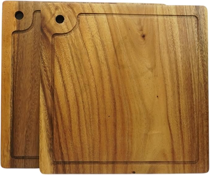 Acacia Wood Steak Plates, Square 12" x 12", Set of 2 Durable Joint Free, Cutting and Serving Board Displaying Continuous Grains of Solid Wood, Perfect for Steak Dinner, with Juice Groove