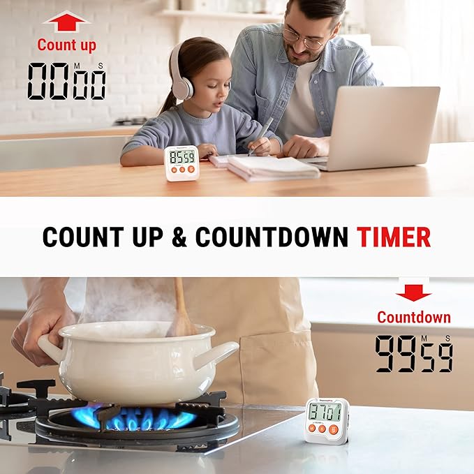 ThermoPro TM03 Digital Timer for Kids & Teachers, Kitchen Timers for Cooking with 2-Level Alarm Volume, Countdown Timer Stopwatch for Classroom Supplies, Exercise, Baking, Playtime or Work, 2-Pack