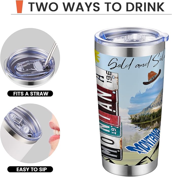 20oz Insulated Tumbler Montana State Coffee Mug, United States Map Travel Mug Landmark, Birthday Gifts Cute Custom Tumbler Cups with Lid and Straw Gifts for Mom