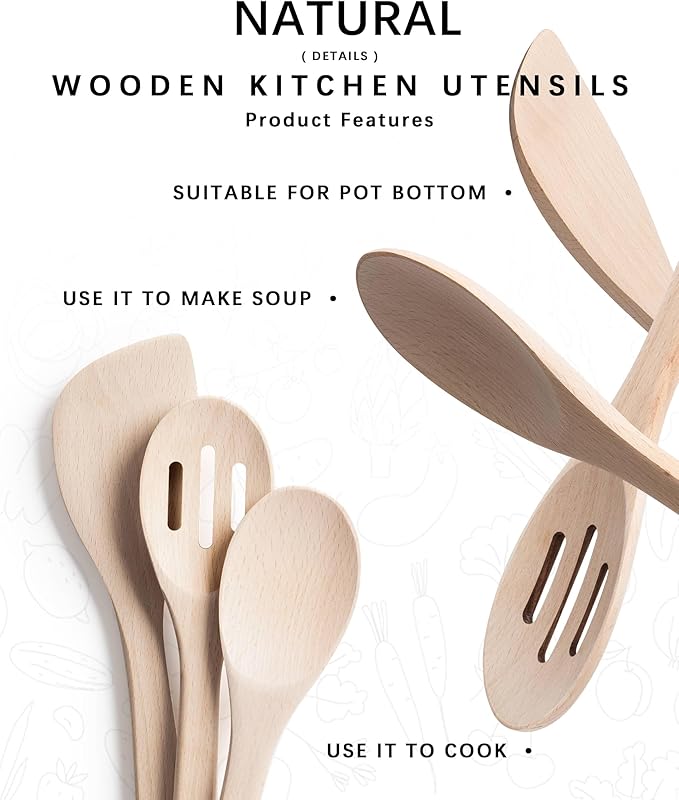 Wooden Spoons for Cooking, 3-Piece Wood Utensil Set Includes Slotted Spoon, Spoon & Wooden Spatula for Cooking – Uncoated Beech Wood Kitchen Utensil Set – 12 Inch Hardwearing Tools