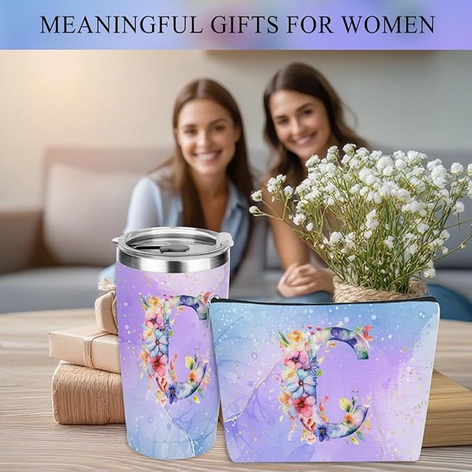 Personalized Gifts Monogrammed Birthday Gifts for Women, Cowerker Wife Sister Wedding Christmas Initial 20 oz Tumbler, Makeup Bag Cup Ballpoint Pens Journal Notebook 6 Set, (Aesthetic Purple Flower C)