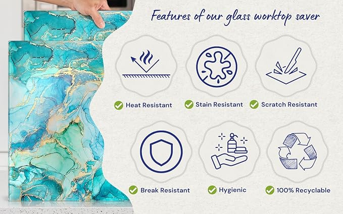 Glass Cutting Board 16"x12": Tempered Glass Kitchen Counter Protector - Durable- Scratch-Resistant, Heat-Proof - Design 9 - Teal Ocean