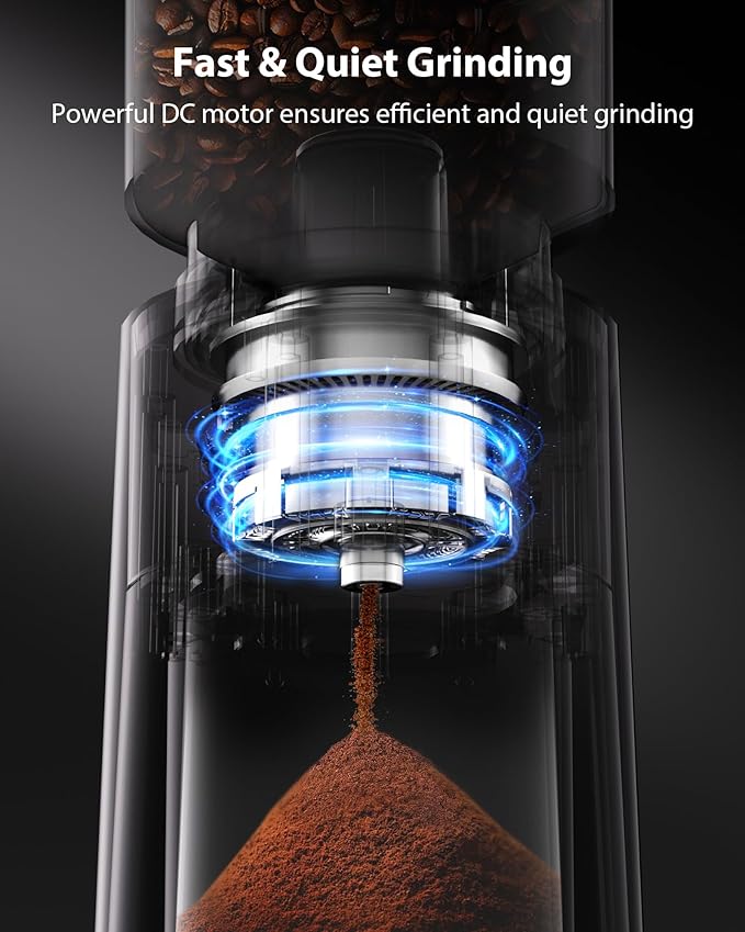 Aromaster Conical Burr Coffee Grinder with 25 Grind Settings,Adjustable 2-12 Cups Timer,Coffee Bean Grinder,3-Ear Portafilter Holder, Anti-static Design,Cleaning Brush Included,Premium Black