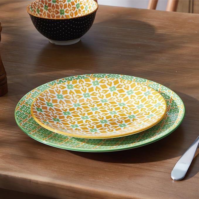 ONEMORE Ceramic Dinnerware Set, 12 Pieces Dish Sets for 4, Porcelain Plates and Bowls Sets, Microwave and Dishwasher Safe, Colorful