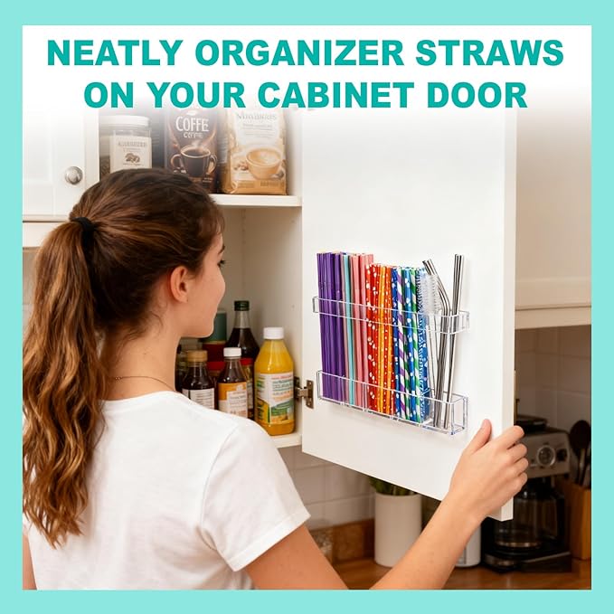 Acrylic Straw Holder for Cabinet Door, Adhesive Cabinet Straw Holder Organizer with 4 Straw Brushes Storage, Clear Kitchen Organization for Storing Reusable Straws, Kitchen Accessories