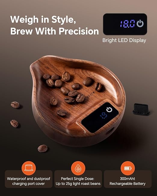 Walnut Coffee Bean Scale and Spray Bottle Kit - MUVNA Mini Rechargeable 0.1 Precision Dosing Tray Walnut Wood with LED Display for Espresso, Tea, Kitchen Spice