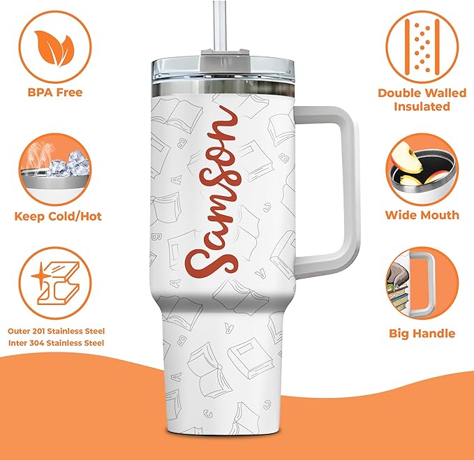 Personalized Sloth Tumbler 40oz with Handle & Straw - Cute Sleeper Sloth & Books Tumbler - Valentine Mother Father's Day Birthday Gifts - Custom Name Stainless Steel Travel Coffee Cup