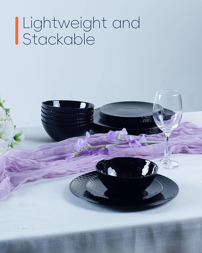 Dinnerware Sets for 4, Light & Durable 12 Pieces Opal Glass Plates and Bowls Set, Dishwasher and Microwave Safe Ribbed Dish Dinning Ware, Thin but Strong Geometric Faceted Black