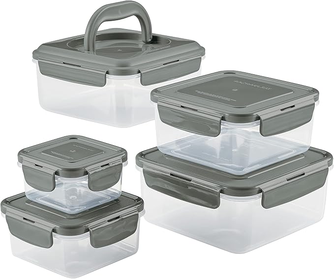 Rachael Ray Leak-Proof Nestable Container Food Storage Bin Set, 10-Piece Square, Gray Lid