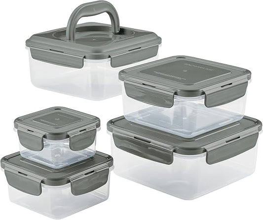 Rachael Ray Leak-Proof Nestable Container Food Storage Bin Set, 10-Piece Square, Gray Lid