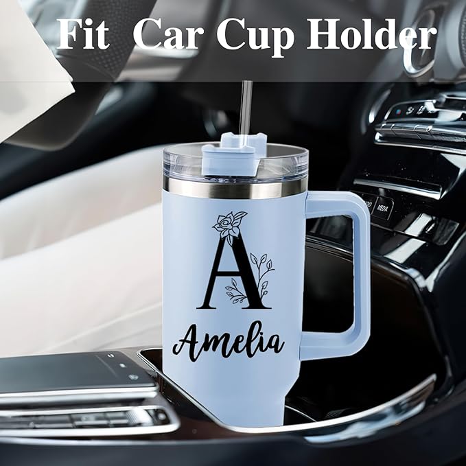 Personalized 40 Oz Tumbler with Handle and Straw, Custom Cup with Name & Birth Flower, Stainless Steel Travel Coffee Tumbler,Personalized Christmas Birthday Gifts for Women, Teen Girls