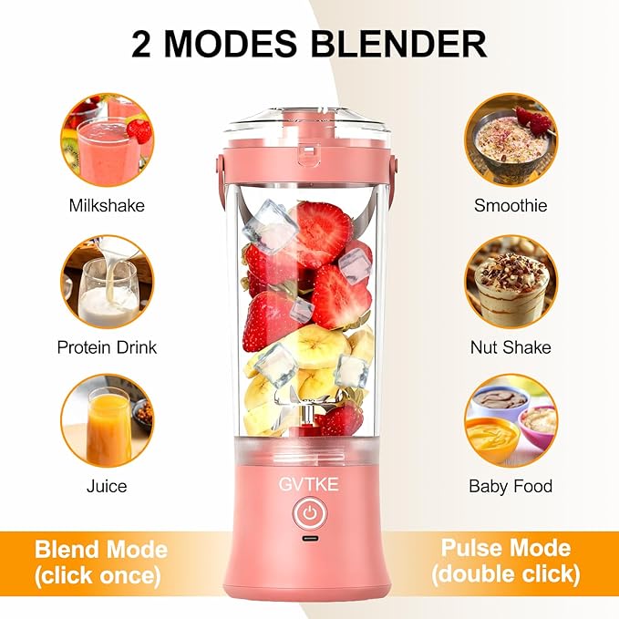 Portable Blender Dual Mode 18000RPM 20Oz Blending Cup Ice Crushing Smoothie Frozen Fruit Mini For Home Gym Travel(Pink)