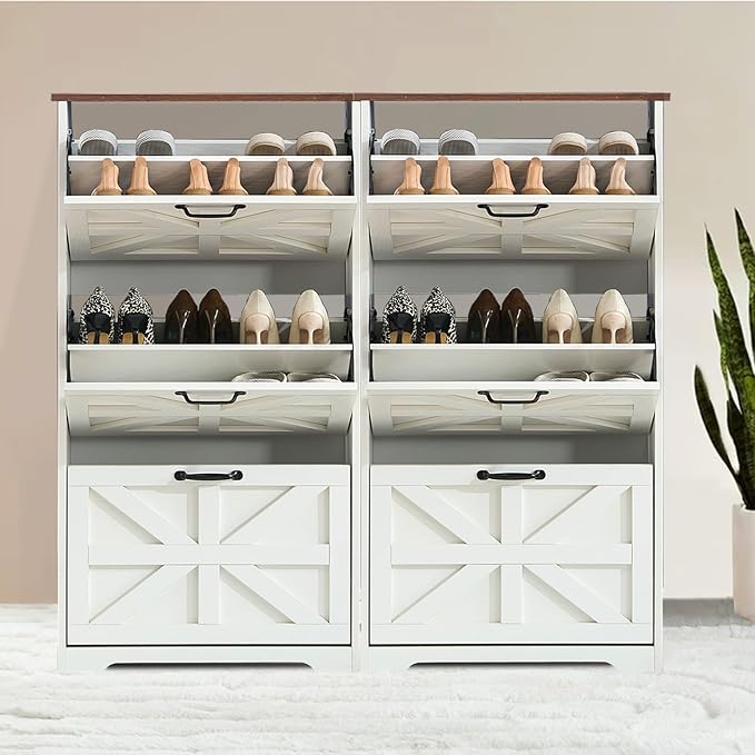 Shoe Storage Cabinet with 3 Flip Drawers, Farmhouse Shoe Organizer with Barn Door Design, Space-Saving Hidden Narrow Shoe Rack Cabinet for Entryway, Hallway & Foyer，White