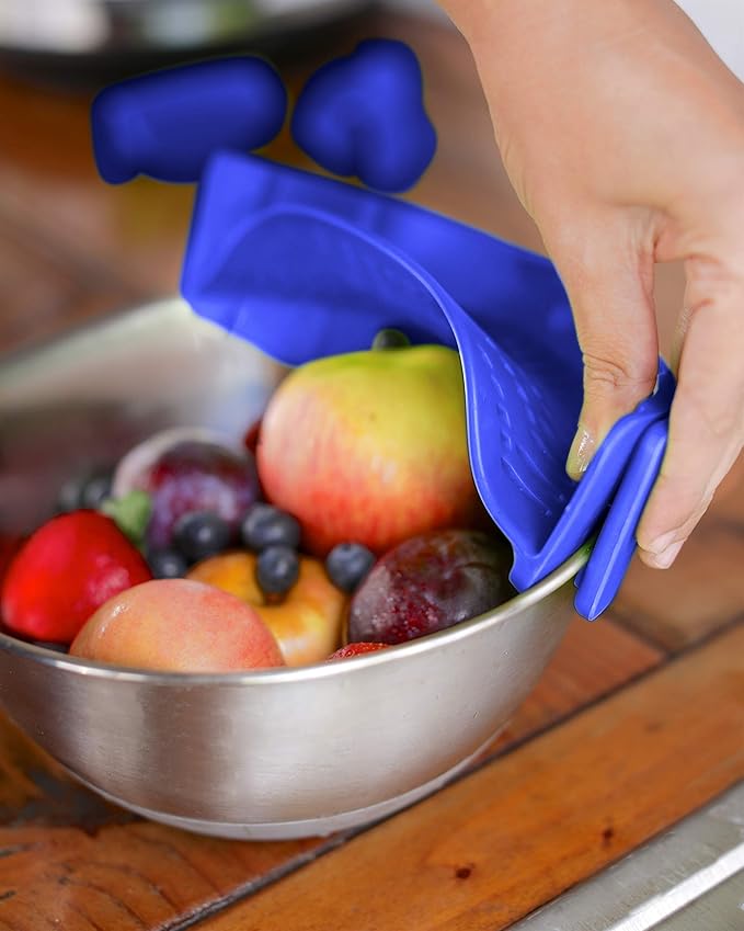 Clip-On Kitchen Food Strainer for Spaghetti, Pasta, Ground Beef Grease, Colander & Sieve Snaps on Bowls, Pots and Pans, Set includes Silicone Strainer, Brush & Garlic Peeler by Salbree (Dark Blue)