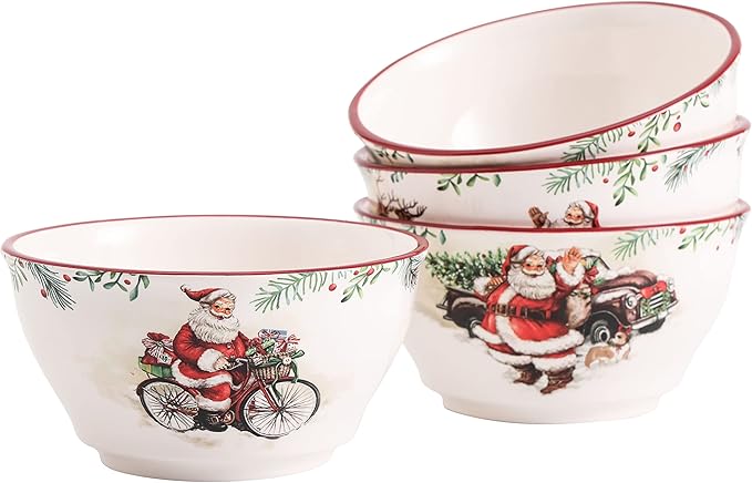 Bico Santa On The Way Cereal Bowls Set of 4, 25 oz Deep Ceramic Soup Bowls for Cereal, Salad, Noodles, Kitchen, Microwave and Dishwasher Safe, Gift for Housewarming and Christmas