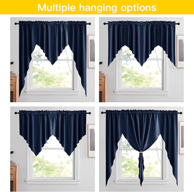 NICETOWN Blackout Kitchen Window Curtains - Thick Tailored Scalloped Valance/Swags Window Decorations Curtains for Living Room/Bay Window (Navy, 1 Pair, W36 x L63 Per Panel)