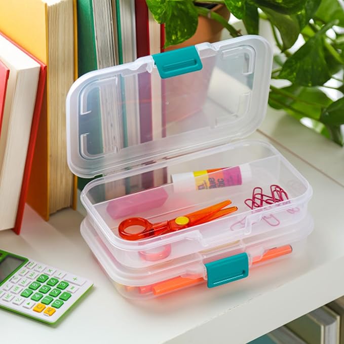 Sterilite Small Divided Pencil Box, Stackable Plastic Small Storage Container with Latching Lid, Organize Pens and Small Items, Clear Case, 12 Pack