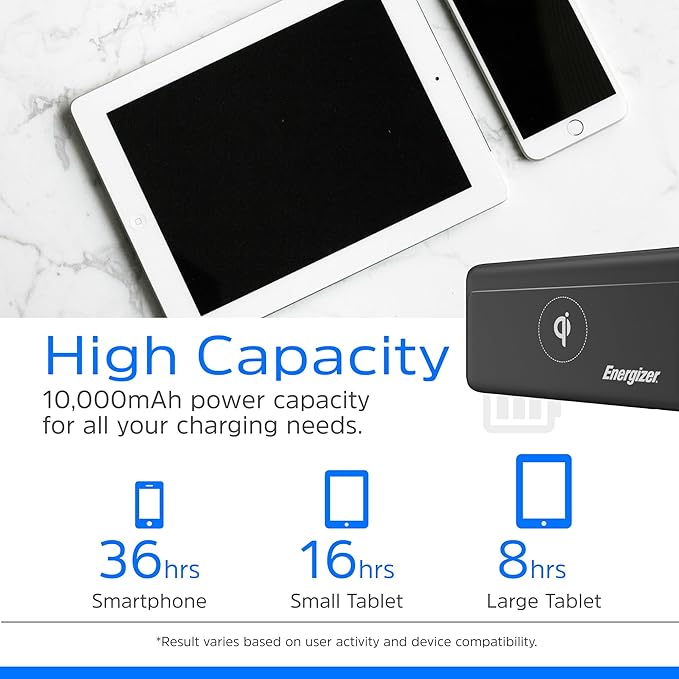 Energizer 10,000mAh Wireless Portable Charger Qi-Certified, 18W USB C Fast Charging PD 3.0 Power Bank for iPhone 16/15/14/13/12 Series, Samsung, Android Devices_QE10011PQ