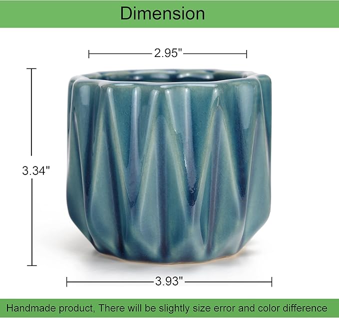 Plant Pot 4 Inch Ceramic Pots, Set of 2 Flower Pots Crackle Glaze Small Planters Pots with Drainage Hole and Mesh Pads for Indoor Outdoor Gardern Pots Succulent, Cactus, Herbs (Green)