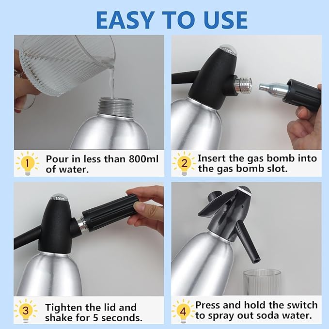 Soda Siphon Portable Sparkling Water Maker - Travel Soda Maker for Home & Outdoor, 1L Carbonating Bottle, Carbonated Water Machine for Soda Water/Cocktails, Use 8 gram CO2 Cylinders (Not Included)