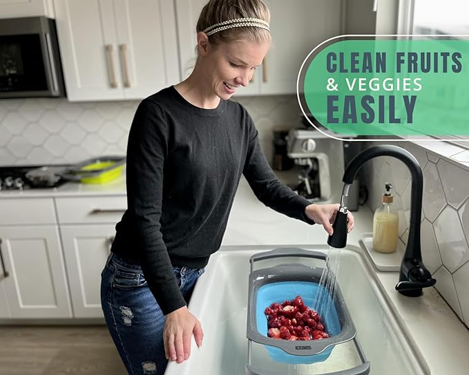 XL Large Kitchen Strainer by Comfify - Collapsible Silicone Over - The-Sink Colander with Extendable Handles - Use with Pasta, Fruit, Berries & Veggie - 6 Quart - Blue