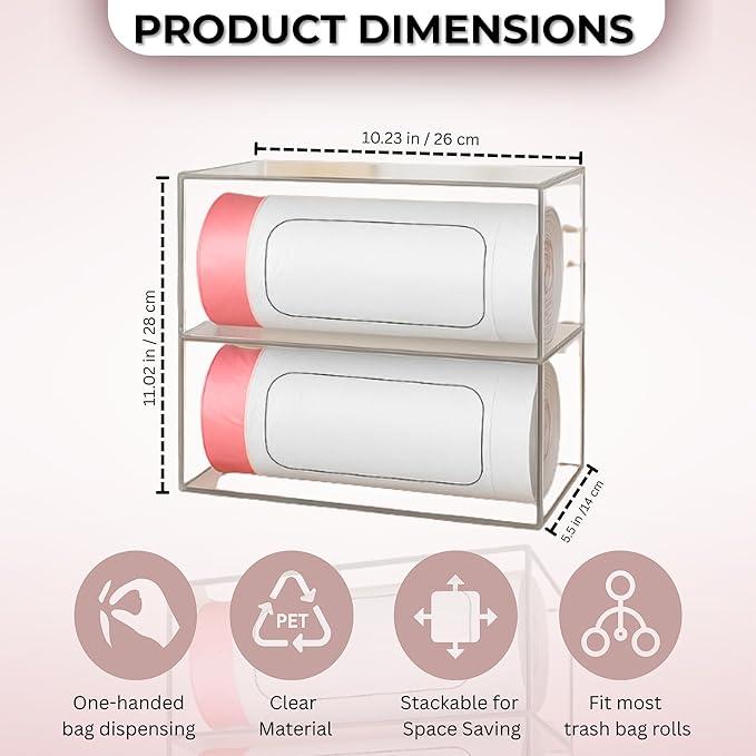 Acrylic Trash Bag Dispenser Roll Holder – 2 Compartment Clear Wall Mount & Trash Bag Holder Under Sink Organizer for Kitchen Cabinet, Drawer, Pantry – Trash Liner Storage Box for Garbage, Grocery Bags