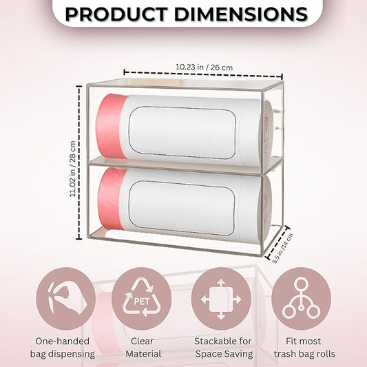 Acrylic Trash Bag Dispenser Roll Holder – 2 Compartment Clear Wall Mount & Trash Bag Holder Under Sink Organizer for Kitchen Cabinet, Drawer, Pantry – Trash Liner Storage Box for Garbage, Grocery Bags