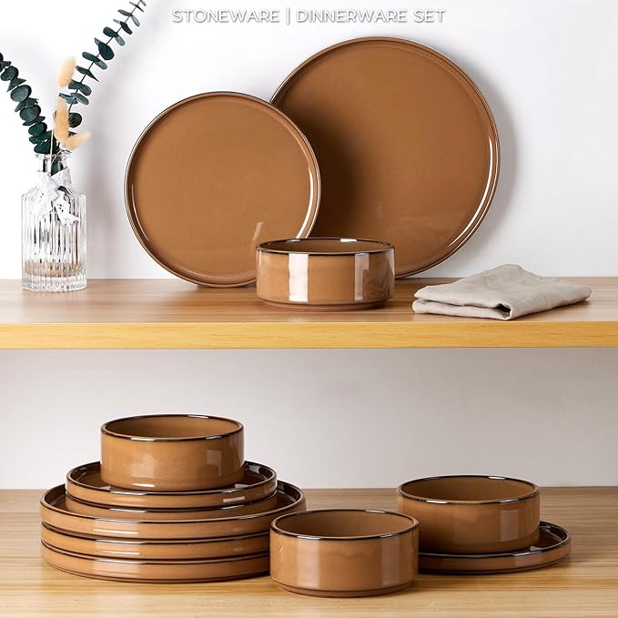 Onader Stoneware Dinnerware Sets for 4, Plates and Bowls with Unglazed Terracotta Bottom, Elegant Kitchen Ceramic Dish Dishware Set, Reactive Glaze 12 Piece - Earthy Umber