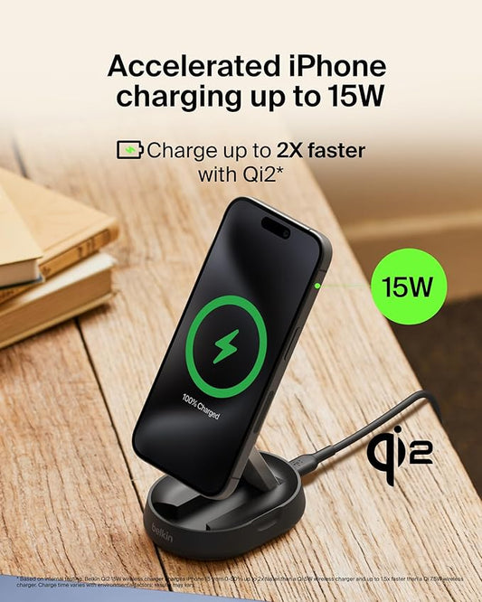 Belkin Convertible Magnetic Charging Stand 15W - MagSafe-Compatible Fast Qi2 Charger, iPhone Charger for Apple iPhone 16, 16 Plus, 16 Pro, 16 Pro Max, iPhone 15 & 14, Apple Airpods Pro, & More - Black