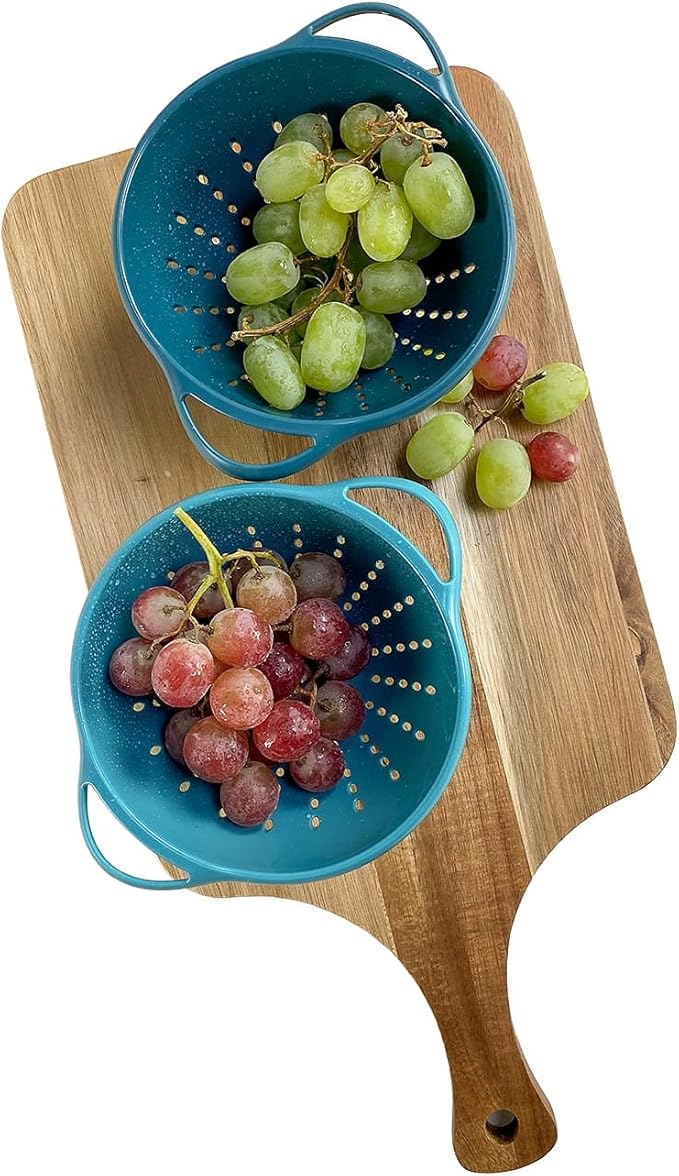 Crisp 2-Piece Mini Colander Berry Baskets With Handles - Food Strainers For Kitchen - Small Colander For Berries & Grape - Dishwasher Safe Berry Strainer - Made in the USA - Prussian Blue & Light Teal