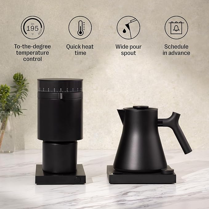 Fellow Corvo EKG Pro Electric Tea Kettle - Quick Heating, Precise Temperature Control Electric Kettle, Scheduling, Built-in Brew Timer for Boiling Water - Stone Blue with Walnut Handle - 0.9 Liter