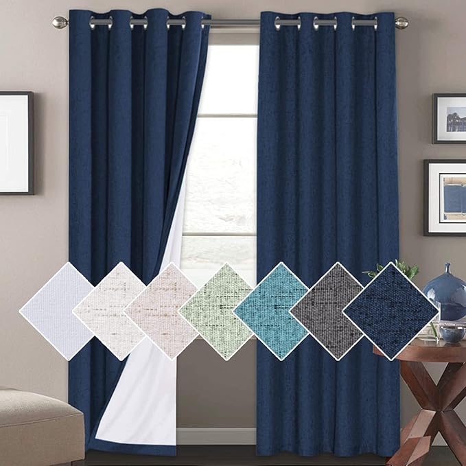 H.VERSAILTEX 100% Blackout Curtains for Bedroom 84 Inches Long Grommet Linen Face Full Light Blocking Curtain Drapes for Living Room Thermal Linen Look Curtains 2 Panels Set, 52" W x 84" L, Navy