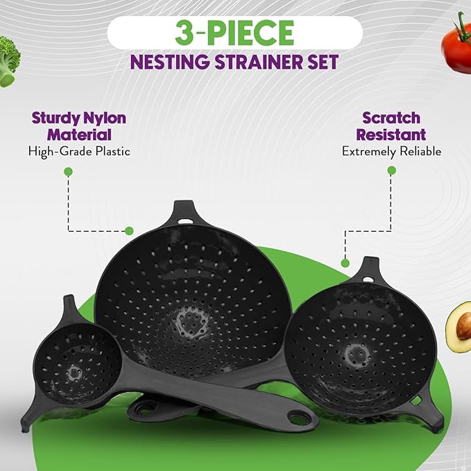 Crisp 3 Piece Nesting Strainer Set - Plastic, Durable Kitchenware, Dishwasher Safe - Made in the USA - Black