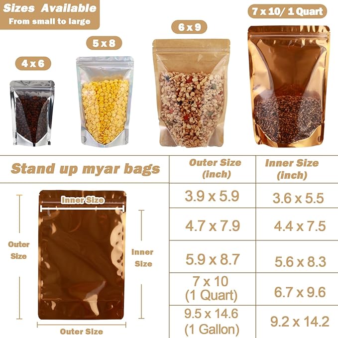 150-pack 4.7” x 7.9” Stand Up Mylar Bags with Clear Window Resealable Foil Pouches for Food Storage Smell Proof Edible Packaging Bag for Jewelry and Small Business, Small plastic bag Bulk, Golden