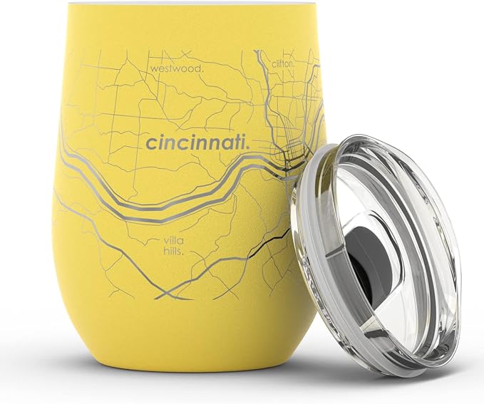 Well Told Engraved Cincinnati Ohio Map Insulated Wine Tumbler, Etched Stainless Steel Cup (12 oz, Sunrise Yellow) City Map Insulated Tumbler, Custom Insulated Tumbler, Outdoor Drinkware