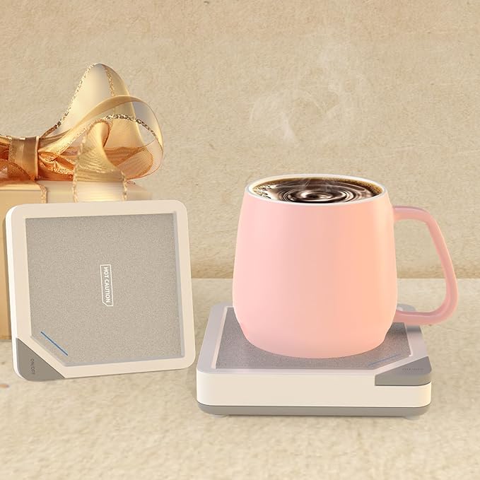 Coffee Mug Warmer Set: Coffee Warmer for Desk Auto Shut Off Candle Warmer Plate Electric Beverage Coffee Cup Warmer Heated Coffee Mug for Coffee,Tea, Milk Up to 131°F/55°C, White with Pink Mug