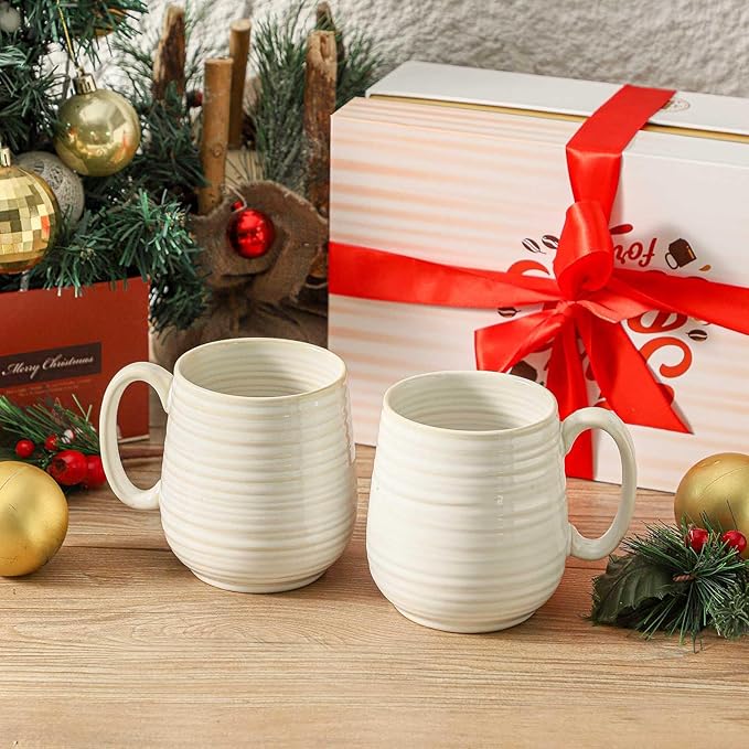 HASENSE Coffee Mugs Set of 2, 20 oz Ceramic Coffee Cups for Men and Women, Premium Large Tea Cups Gift Box with Coaster & Gold Spoon, Couple Mugs for Christmas Wedding Gift, Clay-Infused White
