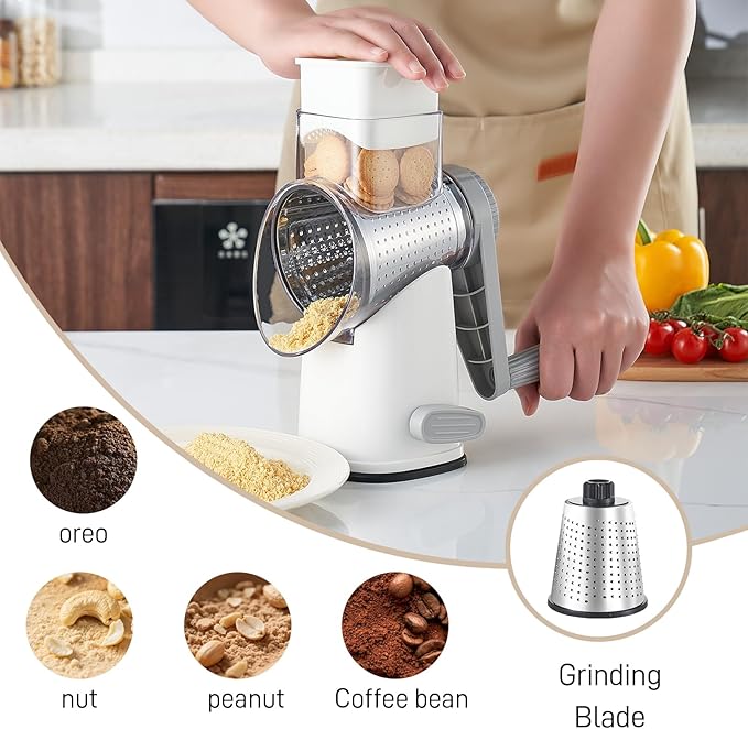 Rotary Cheese Grater with 4 Blades, Hand Crank Cheese Grater with Waffle Slicer, Black and White Cheese Slicer with Suction Base, Easier for Shredding& Grating (White and Grey, 4 Graters)