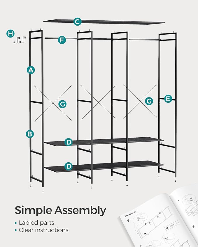 SONGMICS Clothes Rack, Iron and Wood Wardrobe Closet Organizer, Heavy Duty Garment Rack with Hanging Rods, Closet Shelves, Removable Hooks, 15.7 x 55.5 x 70.9 Inches, Ebony Black URGR005B56